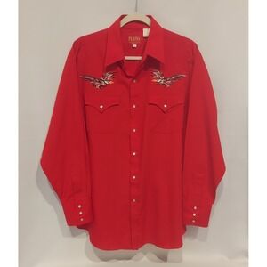 Plains Mens Red 80's Vintage Pearl Snap Western Rodeo Cowboy Shirt Size Large